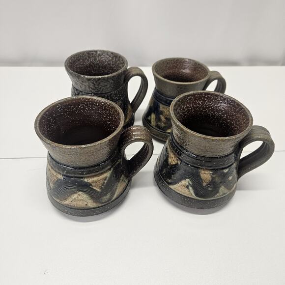 Studio Other - Vintage Studio Pottery Set of 4 Small Glazed Stoneware Mugs 4" Signed Coffee Mug